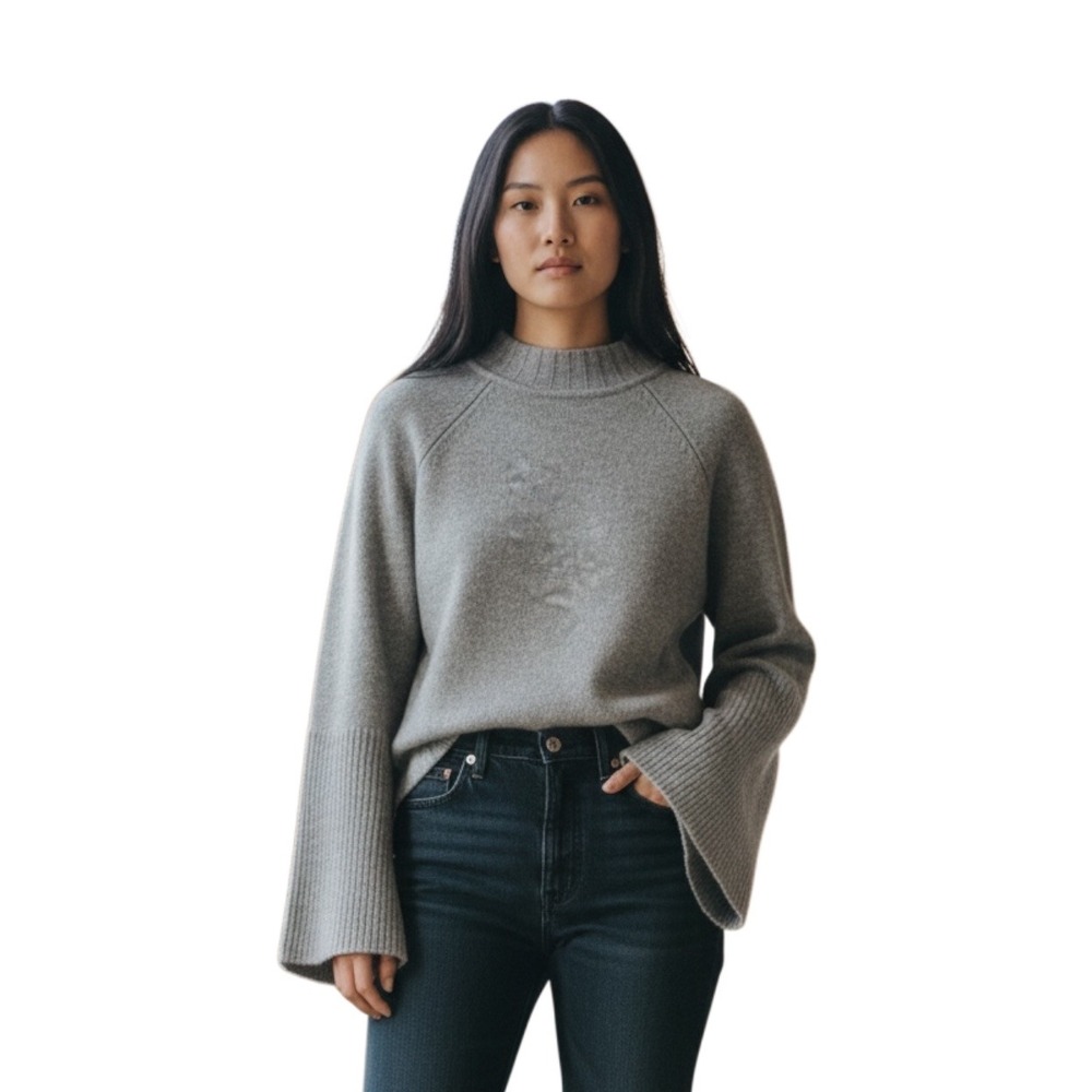 PAIGE Cashmere Mock Neck Bell Sleeve Sweater Heather Grey Medium 7957I14-1188‎
